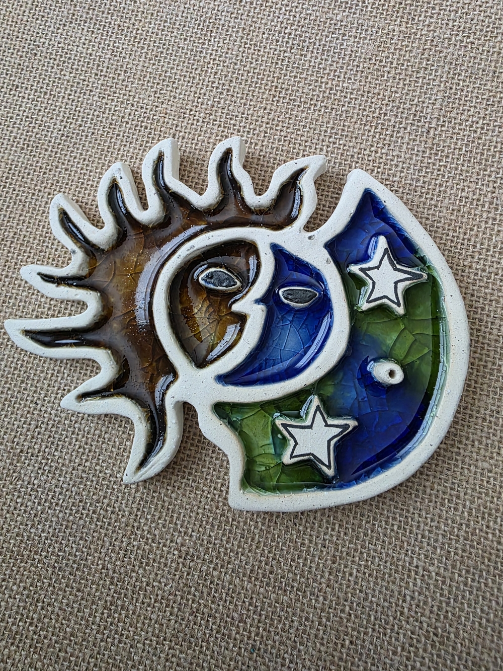 Sun and Moon Ceramic Incense Holder in Blue, Green & Brown